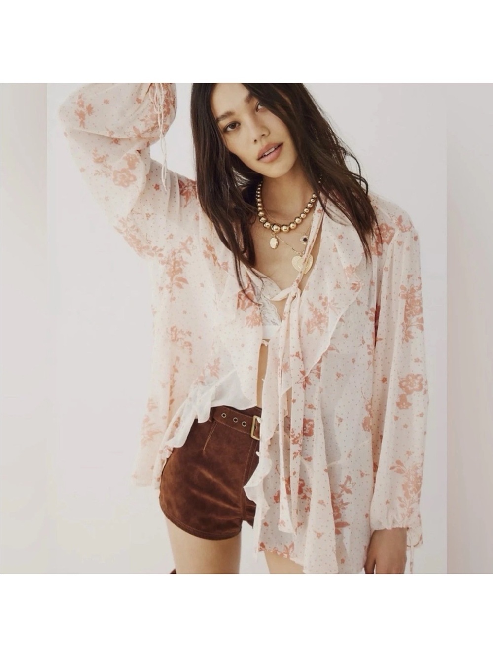 Free People DREAMLAND Floral Ruffle Tie Tunic Top Blouse sz S